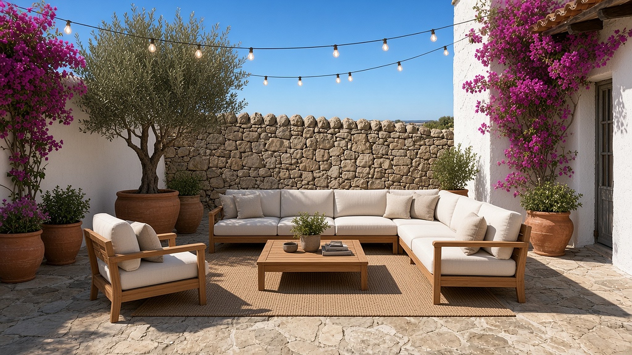 Pátio mediterrânico decorado com virtual staging (depois)